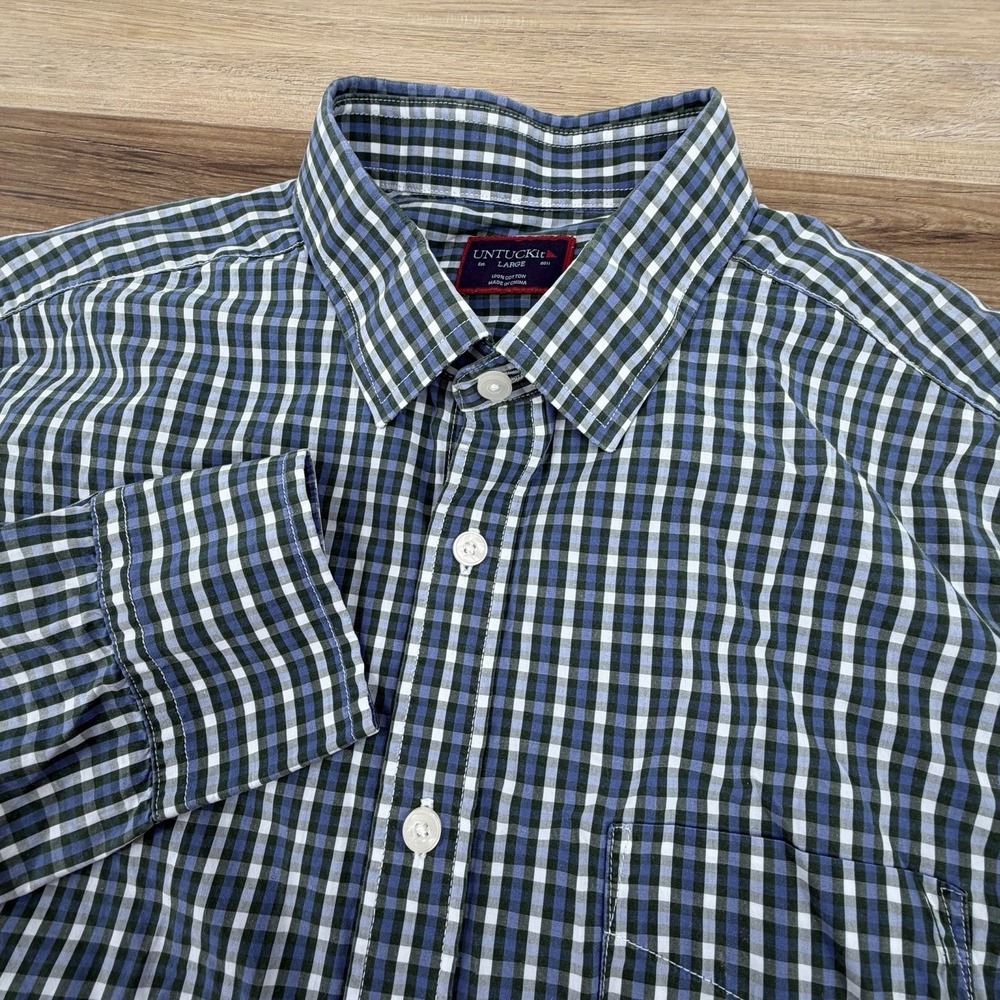 Untuckit Shirt Mens Large Green Blue‎ White Plaid Casual Dress Button